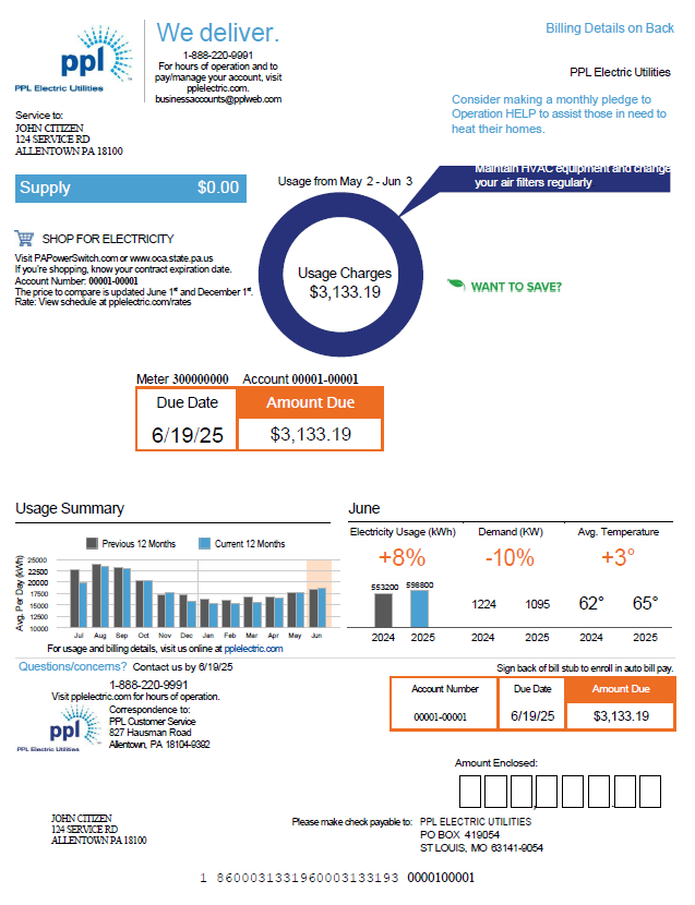USA PPL Electric utility bill template in Word and PDF formats, version 2